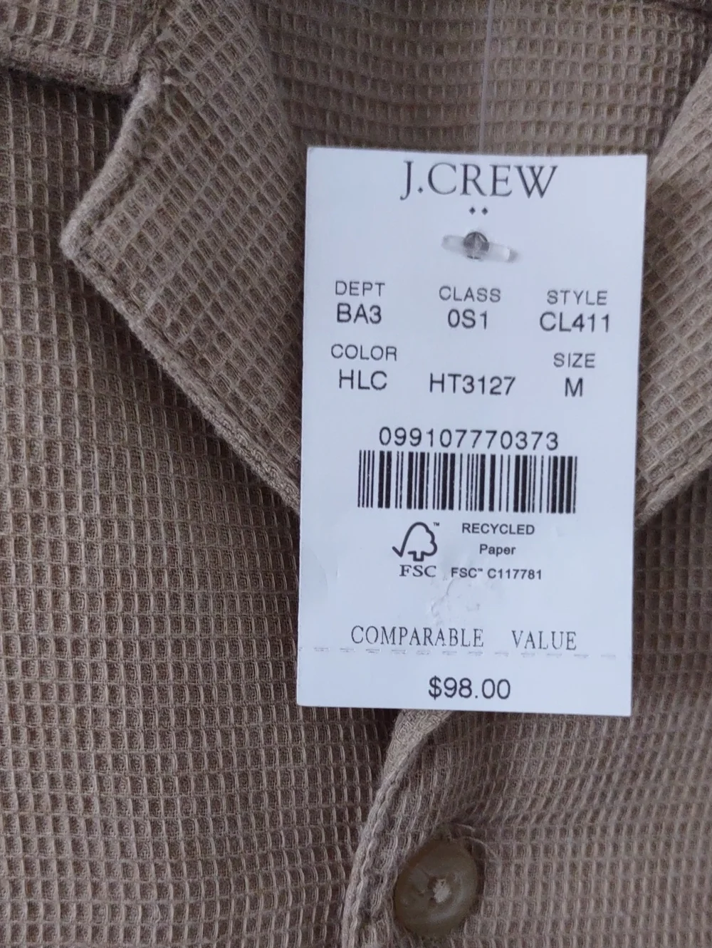 BRAND NEW J.CREW MEN'S SHORT SLEEVE WAFFLE DOBBY CAMP SHIRT
